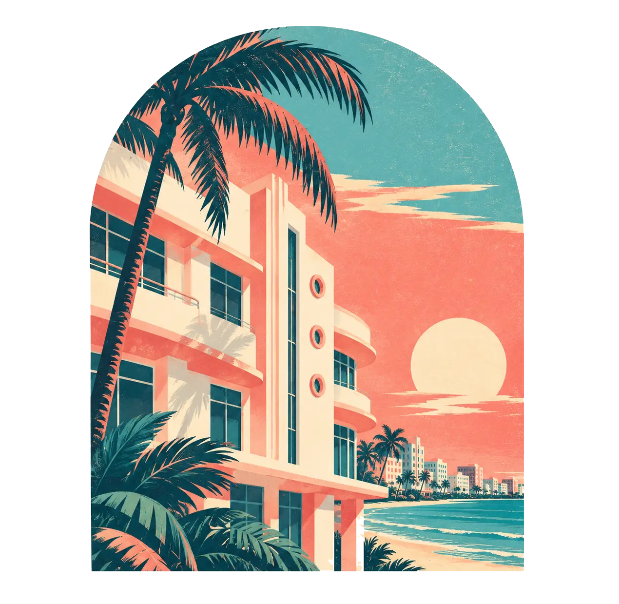 Vintage 1950s Miami Art Deco architecture with palm trees and ocean